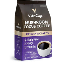 Vitacup Focus Mushroom Coffee Grounds, With Lions Mane, Chaga, B Vitamins, D3, Boost Focus, Immunity, Memory & Clarity, Medium Dark Roast, Bold & Smooth 100% Arabica Specialty, 10 Oz
