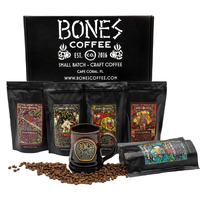 Bones Coffee Company New World Tour Bundle Ground Coffee Beans | Gift Box Set With Specialty Coffee Mug | 4 Oz Pack Of 5 Assorted Single-Origin Medium Roast Coffee Beverages (Ground)