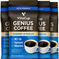 Vitacup Genius Ground Keto Coffee W/Turmeric, Mct Oil, B Vitamins, D3, Ground Coffee Medium Dark Roast, Bold & Smooth, 100% Arabica Coffee Grounds, 4 Bags, 11Oz Each