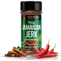 Sauce Goddess Fiery Jamaican Jerk Spice Shaker - Seasonings And Spices For Cooking With Caribbean Flavors! For Chicken, Pork, Seafood & More - Low Sugar, Low Sodium, Fat-Free, Vegan Friendly - 5 Oz