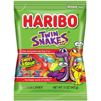 Haribo Gummi Candy, Twin Snakes Sweet & Sour Gummy Candy, 5 Ounce Share Size Bags (Pack Of 12) Delicious Soft & Chewy Snacks, Assorted Fruity Flavors