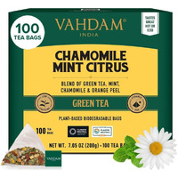 Vahdam, Chamomile Mint Citrus Green Tea Bags (100 Count) Low Caffeine, Non Gmo, Gluten Free | Sweet & Floral | Resealable Ziplock Pouch | Chamomile Tea Bags