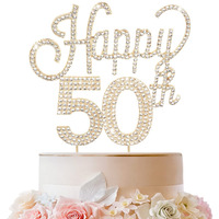 Lingteer Happy 50Th Birthday Gold Rhinestone Cake Topper - Cheers To 50Th Birthday Fifty Years Old Anniversary Party Cake Centerpieces Topper Decorations Gift Sign.