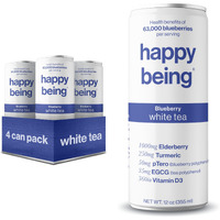 Happy Being Nutrient-Rich Organic Blueberry White Tea - Infused With Turmeric, Elderberry, Vitamin D3, Caffeine Free, Plant-Based, Low Calorie & Low Sugar Drinks, 12Oz (4 Pack)