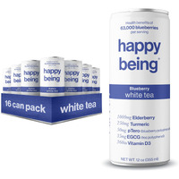 Happy Being Nutrient-Rich Blueberry White Tea - Infused With Turmeric, Elderberry, Vitamin D3, Caffeine Free, Plant-Based, Low Calorie & Low Sugar Drinks, 12Oz (16 Pack)