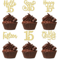 36Pcs 15Th Birthday Cupcake Toppers Sweet 15 Hello 15 Cake Toppers Fifteen Happy 15Th Cupcake Picks 15Th Birthday Cake Decorations Supplies Gold