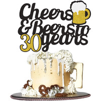 Cheers To 30 Years Cake Topper, Happy 30Th Birthday Cake Topper, 30Th Anniversary Thirty Birthday Party Supplies Black And Gold Glitter Decorations Double Sided