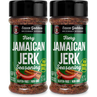 Sauce Goddess Fiery Jamaican Jerk Spice Shaker (2-Pack) - Seasonings And Spices For Cooking With Caribbean Flavors! For Chicken, Pork, Seafood & More - Low Sugar, Low Sodium, Fat-Free, Vegan Friendly