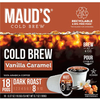 Maud's Vanilla Caramel Cold Brew Coffee Pods, 18 Ct | Cold Bew Vanilla Caramel Flavor | 100% Arabica Dark Roast Coffee | Solar Energy Produced Recyclable Pods Compatible With Keurig K Cups Maker