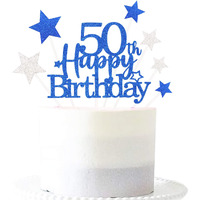 Pargleev Glittery 50Th Happy Birthday Cake Topper With Star,Personalised 50 Birthday Cake Toppers Party Decorations Party Supplies For Men Women Blue
