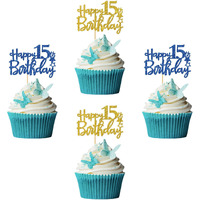 Roadsea Happy 15Th Birthday Cupcake Toppers - Teenager Boy Girl 15 Years Old Birthday Cupcake Supplies - 15Th Birthday Party Decorations - 24 Pcs Blue & Gold Glitter (15Th)