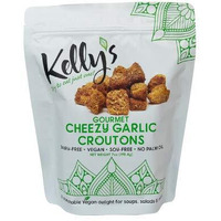 Kelly's Gourmet Cheezy Garlic Croutons. Dairy Free, Soy Free, Palm Oil Free, Plant Based And Always Vegan