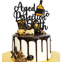 Aged To Perfection 50Th Birthday Cake Topper - Wine 50Th Birthday Black Glitter Cake Topper - Vintage 1973 Happy 50Th Birthday Party Cake Decoration