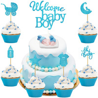 38 Pieces Baby Shower Boy Cake Toppers Sleeping Baby Candle Cake Topper Baby Boy Cupcake Toppers Glitter Welcome Baby Boy Cake Pick For Baby Shower Baby Boy First Birthday Party Decorations, Blue