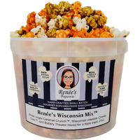 Ren  Es Wisconsin Mix Gourmet Popcorn - Mix Of 3 Flavors, Brown Sugar Caramel Crunch Corn, Wisconsin Cheddar Cheesy Corn, Sweet Salty Buttery Theater - Sweet, Cheesy, Crunchy Popped Fresh, Handmade Snack Or Gift In 1.1-Gallon Plastic Bucket Tin.