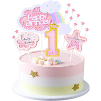 Kawailay Baby Girl 1St Birthday Cake Decoration Set First Birthday Cake Topper With Rainbow Clouds Stars Cake Picks One Year Old Cake Topper For Baby Shower Girl Birthday Party Supplies - Pink