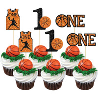 24Pcs Basketball One Cupcake Toppers Glitter Number 1 First Birthday Basketball Cupcake Picks For Basketball Sports Theme Baby Shower Kids 1St Birthday Party Cake Decorations Supplies
