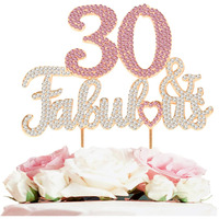Laskyer 30 & Fabulous Gold & Pink Rhinestone Cake Topper - Happy 30Th Birthday Cheers To Thirty Years Old Bday Party Metal Sparkly Food Centerpieces Topper Decorations Keepsake.