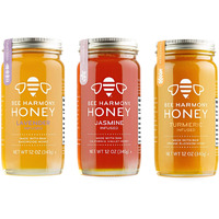 Bee Harmony Floral Infused Raw Honey Variety Pack, (Lavender, Jasmine, And Turmeric), 12 Oz Each