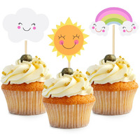 Hokpa Sun Rainbow Cloud Cupcake Toppers, 36Pcs Sun Smiley Sunshine Theme Cake Decoration For Birthday Baby Shower Theme Party Decorations