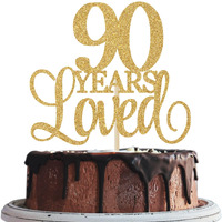 90 Years Loved Cake Topper, Cheers To 90 Years, 90Th Birthday Cake Topper, 90Th Wedding Anniversary Cake Topper, 90Th Anniversary Birthday Party Favor Supplies Gold Glitter
