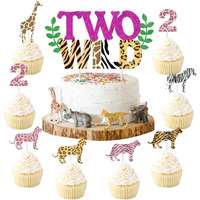 Two Wild Birthday Decorations For Girl - Two Wild Cake Topper, Animal Print Cupcake Toppers, 31 Pcs Jungle Safari Animal Cake Decorations, Wild Two 2Nd Birthday Decorations