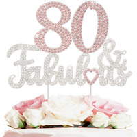Laskyer 80 & Fabulous Silver Pink Rhinestone Cake Topper - Happy 80Th Birthday Cheers To Eighty Years Old Bday Party Metal Sparkly Food Centerpieces Topper Decorations Keepsake.