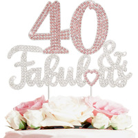 Laskyer 40 & Fabulous Silver Pink Rhinestone Cake Topper - Happy 40Th Birthday Cheers To Forty Years Old Bday Party Metal Sparkly Food Centerpieces Topper Decorations Keepsake.