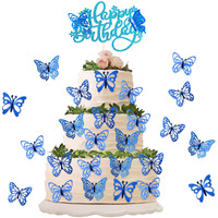 25Pcs Butterfly Cake Toppers Happy Birthday Cake Topper 3D Butterfly Birthday Cake Decorations For Baby Shower Birthday Cake Decorations Butterfly Party Supplies Blue