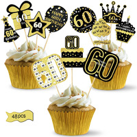 48Pcs 60Th Birthday Cupcake Toppers Decorations For Men Women, Gold 60 Birthday Cake Topper Party Supplies, Happy Sixty Birthday Cupcake Picks Decor