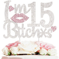 Laskyer I'M 15Th Funny Birthday Pink Rhinestone Cake Topper - Happy 15Th Birthday Cheers To 15 Years Old Fifteen Bday Party Metal Sparkly Food Centerpieces Topper Decorations Sign.