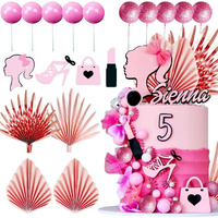 Jevenis Luxury Hot Pink Girl Cake Decoration Pink Girls Birthday Decoration Pink Balls Palm Leaves Heels Lipstick Bags Cake Topper For Birthday Bridal Shower Baby Shower
