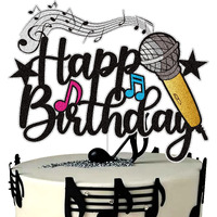 Microphone Happy Birthday Cake Topper Black Glitter Host Music Cake Decor Karaoke Musical Theme Birthday Party Supplies For Boys Girls