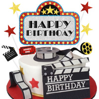 Movie Night Birthday Cake Topper - Movie Theme Roll Hollywood Cinema Ticket Happy Birthday Party Decorations - One Cake Topper And 3Pcs Cupcake Toppers