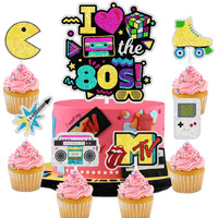 Together Back To The 80S Cake Topper Set - Retro Throwback Theme I Love 80S Honeycomb Roller Disco Radio Happy Birthday Hip Hop Party Decorations - One Cake Topper And 6 Pcs Cupcake Toppers