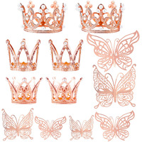 30 Pieces Mini Crown Cake Topper Small Rose Gold Crown Mini Tiara With 3D Rose Gold Butterfly Decoration 3D For Flower Arrangements Crown Cake Topper For Wedding Baby Shower Birthday Party (Rose Gold)