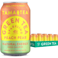 Sparkling Peach Pear Green Tea By Tama Tea - Made With Real Fruit & Herbs - Zero Sugar, Zero Calories, Non-Gmo - Naturally Energizing Green Tea High In Antioxidants & Nootropics - 12 Oz Pack Of 12