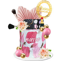 Makeup Cake Topper Cosmetics Artificial Rose Palm Leaves Happy Birthday Cake Toppers Spa Makeup Birthday Party Supplies For Girls (Pink)