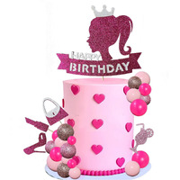 Hot Pink Girl Princess Cake Decorations - Glitter Happy Birthday Cake Topper With 20 Balls For Cake Decorating & 12 Girls Cupcake Toppers, Perfect Birthday Baby Shower Party Supplies For Barbie Fans