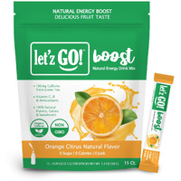 Let'Z Go Clean Energy Drink Mix [Healthy Caffeine] Energy Drink Powder With Natural Caffeine Packets, High In Vitamins C + D, Electrolytes For Hydration | Sugar Free | No Calories | Pre Workout Powder | Anytime Energy | Daily Fuel With No Crash Or Jitters | 15 Count (Orange Citrus)