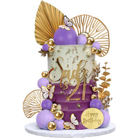 Boho Cake Topper Happy Birthday Cake Decorations With Balls Butterflies Eucalyptus For Wedding Baby Shower Boys Girls Birthday Themed Party Supplies (Purple)