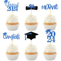 24Pcs Glitter Graduation Cupcake Toppers 2024 Blue Cupcake Picks For Graduation Theme Decorations Class Of 2024 No Diy Need