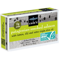 Cole's Patagonian Smoked Salmon Fillet W/Lemon & Dill In Extra Virgin Olive Oil | 3.2 Oz Hand-Packed Smoked Salmon Canned | 13G Protein