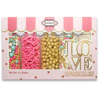 Sprinkles - Confect Sprinkles For Cakes & Cupcakes Decoration Assorted Pack Of 5 Princess Party Fuchsia Pink Jimmies Golden Pearl Blue & White Dragees Sparkling White Sugar - 3.5 Oz