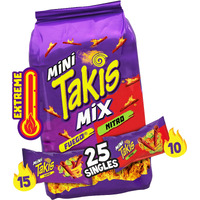 Takis Mini 25 Pc / 1.23 Oz Bite Size Variety Pack, Assorted Flavored Mixed Rolled Tortilla Chips - (15) Fuego Mini 1.23 Oz, (10) Nitro Mini 1.23 Oz