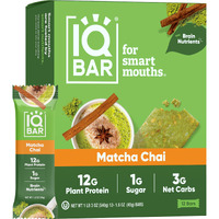 Iqbar Brain And Body Plant Protein Bars - Matcha Chai - 12 Count, Low Carb, High Fiber, Gluten Free, Healthy Vegan Snacks - Low Sugar Keto Bar Pack