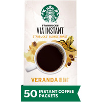 Starbucks Via Instant Coffee, Starbucks Blonde Roast Coffee, Veranda Blend, 100% Arabica, 1 Box (50 Packets)