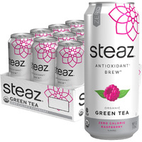 Steaz - Organic Green Tea - Zero Calorie Raspberry (12 Pack) - Antioxidant Brew - 65Mg Natural Caffeine, Vitamin C - Stevia Sweetened Iced Tea - Vegan, Fair Trade - 12 Cans, 16 Fl Oz (473Ml)