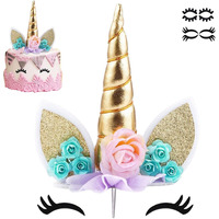 Unicorn Cake Topper Party Supplies Decorations For Girls Gold Unicorn Horn First Birthday Cake Topper Kit With Eyelashes, 5.8 Inch