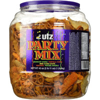 Utz Party Mix - 43 Ounce Barrel - Tasty Snack Mix Includes Corn Tortillas, Nacho Tortillas, Pretzels, Bbq Corn Chips And Cheese Curls, Easy And Quick Party Snack, Cholesterol Free And Trans-Fat Free